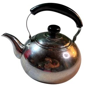 Vintage Tea Kettle Potobelo Whistling Stainless Steel  Black Handle 2 Qt